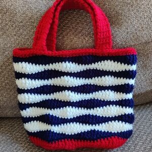 Handmade Crochet Red, White and Blue Striped Tote Bag - Beach Bag